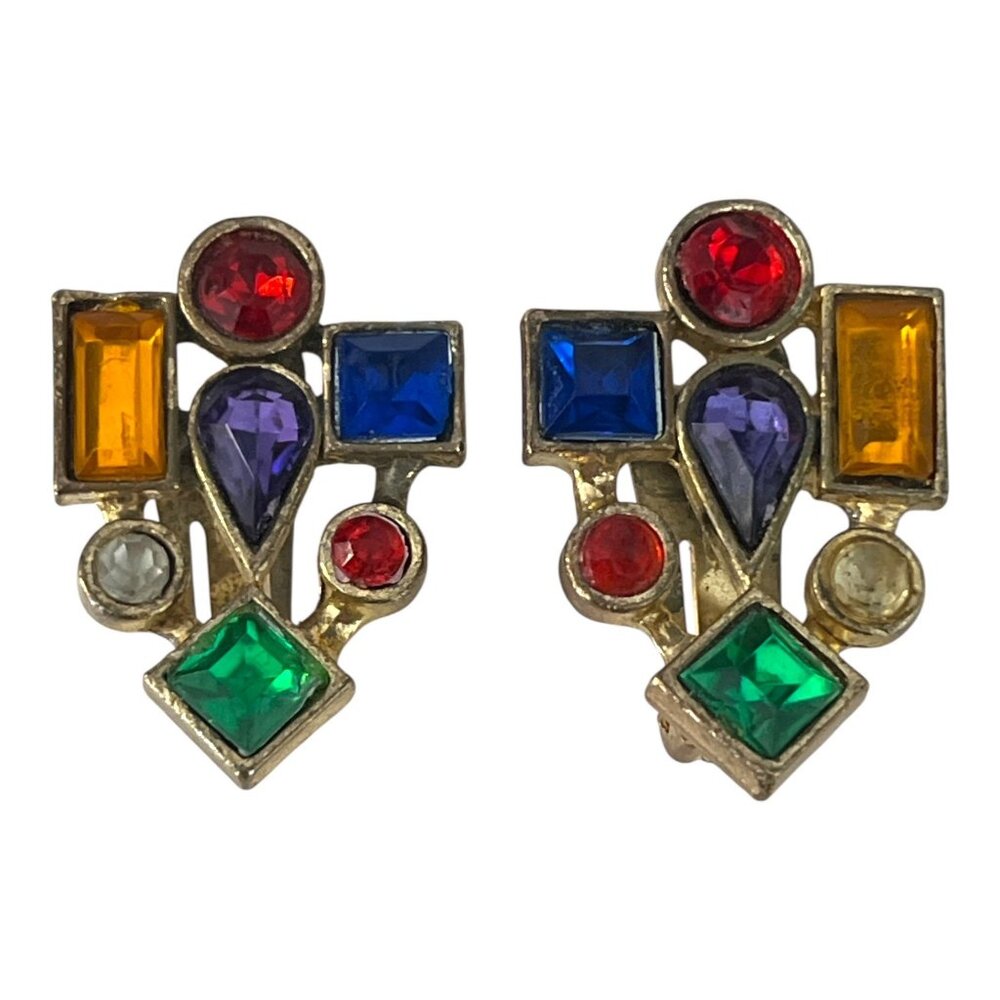 Vintage 1980s Geometric Rhinestone Clip-On Earrings Multicolor Statement Gold To